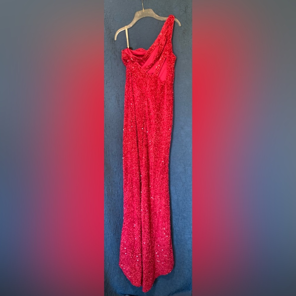 OneShoulder Column Sequin Gown Train Fuchsia Magenta Hot Pink Statement - Picture 5 of 15
